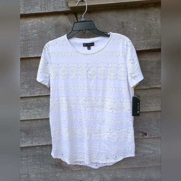 NWT N Touch Blouse lace Overlay White Pure Neck Round Short sleeves Size Small - Picture 3 of 10